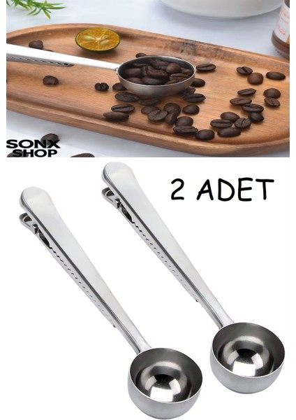 2 Adet Mandallı Kahve Ölçü Kaşığı Gold Çok Fonksiyonlu Paslanmaz Çelik Kaşık
