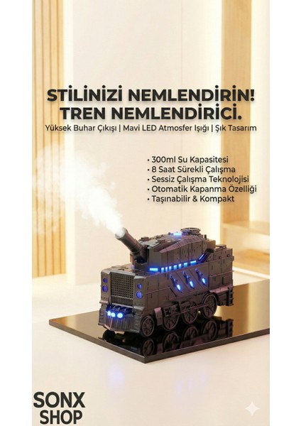 Buhar Efektli Zırhlı Tren Tasarımlı Aromaterapi Hava Nemlendirici – LED Işıklı, Sessiz ve USB Şarjlı