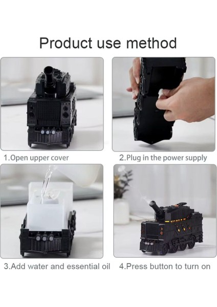 Buhar Efektli Zırhlı Tren Tasarımlı Aromaterapi Hava Nemlendirici – LED Işıklı, Sessiz ve USB Şarjlı modelleri