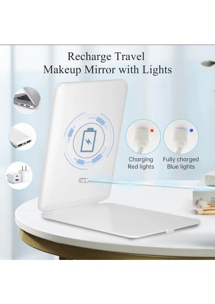 Dokunmatik LED Işıklı Usbli Dikdörtgen Katlanabilir Masa Üstü Ledli Makyaj Aynası