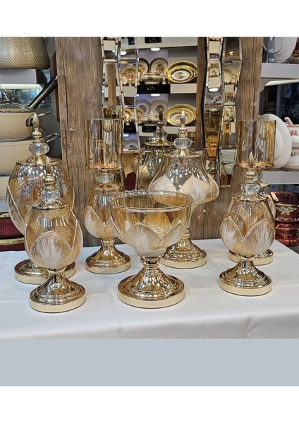 7 Parça Salon Konsol Aksesuar Seti Yaprak Gold Krem modelleri