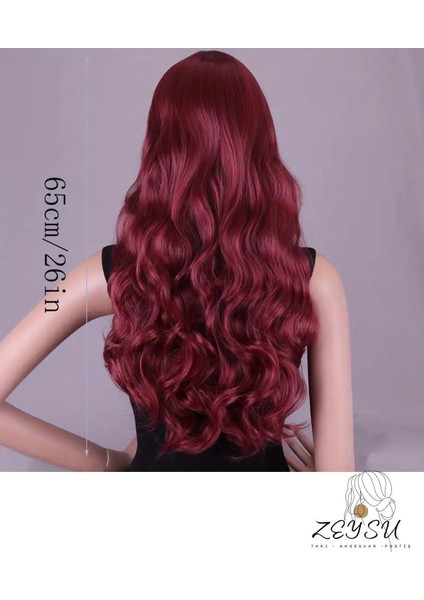 Şarap Kızılı Dalgalı Saç Çıtçıtlı Postiş Takma Saç 60 cm 120GR Isıya Dayanıklı Yarımay