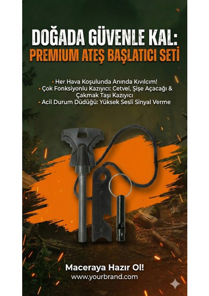 Magnezyum Ateş Başlatıcı Seti - Ferro Çubuk, Çok Amaçlı Kazıyıcı ve Acil Durum Düdüğü