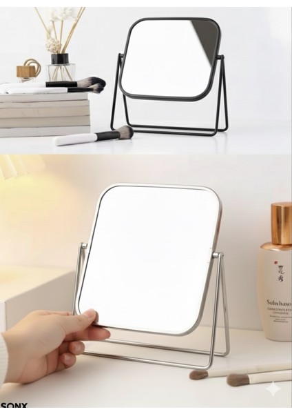 Gümüş Renk Ayarlanabilir Kare Metal Ayaklı Masa Üstü Makyaj Aynası –360° Döner,şık Dekoratif Tasarım