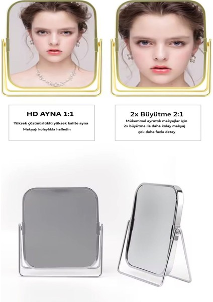 Gümüş Renk Ayarlanabilir Kare Metal Ayaklı Masa Üstü Makyaj Aynası –360° Döner,şık Dekoratif Tasarım fiyatları