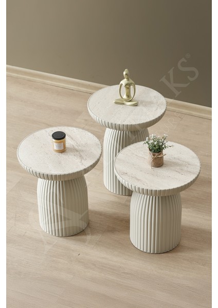 Bohem Sehpa, Diamond 3'lü Set, Yan Sehpa, Zigon Sehpa - Kumtaşı & Traverten Renk