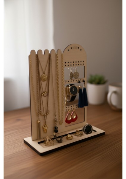 Ahşap Takı Organizer Standı Kolye Küpe Yüzük Bileklik Düzenleyici Modern Makyaj Masası Takı Kutusu
