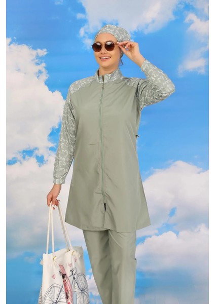 Kadın Pantolonlu Desenli Tam Tesettür Mayo Su Yeşili fırsatları