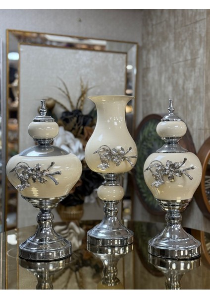 3’lü Salon Seti Çiçek Figürlü Şamdan 45-40-40 cm