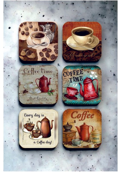 Çay Kahve Retro Vintage Ahşap Bardak Altlığı Seti 6 Adet