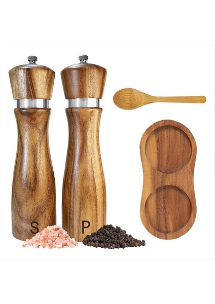 Ahşap Tuz ve Karabiber Öğütücü Seti Biber Öğütücü Kılavuzu, Ayarlanabilir Kaba, Tuz ve Karabiber Tepsisi, Kaşık (Yurt Dışından) modelleri