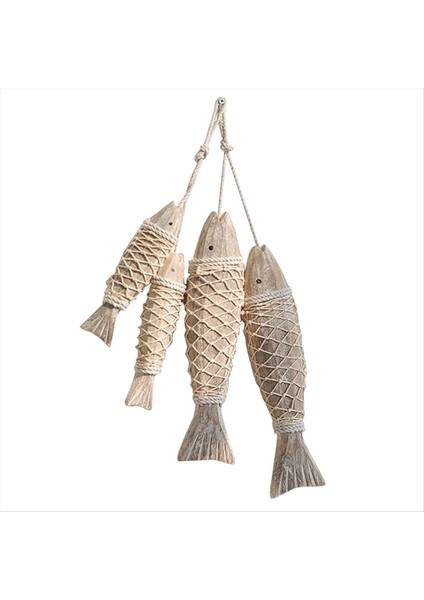 4 Paket Antik El Oyma Ahşap Balık Heykel Dekor Dekoru Balıkçılık Ağı, Plaj Teması Duvar Sanatı Asılı Dekor (Yurt Dışından)