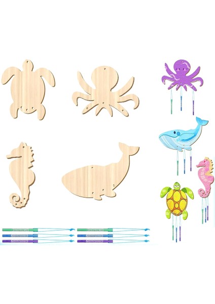 Çocuk Rüzgar Zil Süsleri Dıy Boyalı Doğum Günü Partisi Sanat Aktivitesi Dekorasyon Kolye, Deniz Hayvan Seti (Yurt Dışından)
