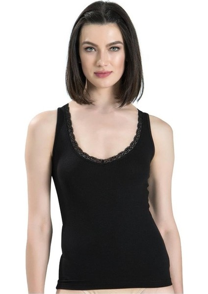 Kadın Tekli Siyah Modal Dantelli Geniş Askılı V Yaka Atlet
