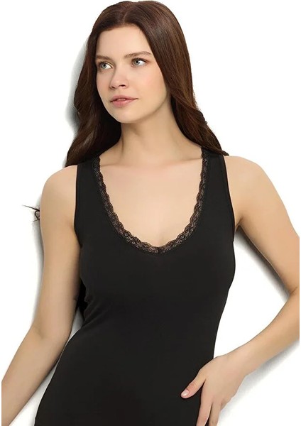 Kadın Tekli Siyah Modal Dantelli Geniş Askılı V Yaka Atlet fırsatları