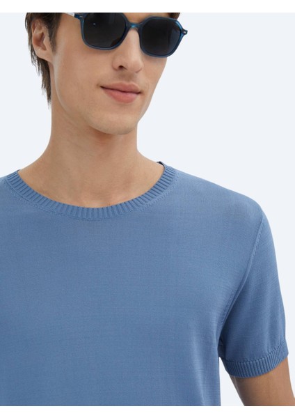 Havacı Mavi Bisiklet Yaka Düz Örgü Triko