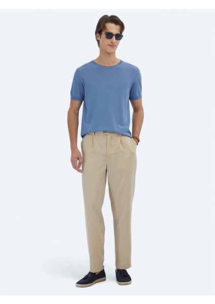 Havacı Mavi Bisiklet Yaka Düz Örgü Triko