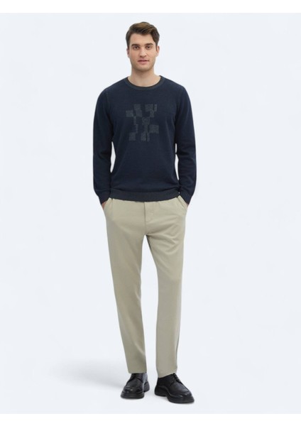 Lacivert Bisiklet Yaka Desenli Pamuk Karışımlı Triko Kazak