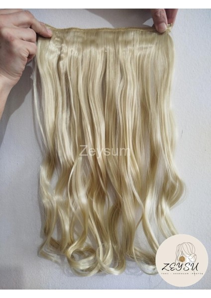 Platin Sarı Dalgalı Saç Çıtçıtlı Postiş Takma Saç 60CM 110GR Isıya Dayanıklı Yarımay fiyatları