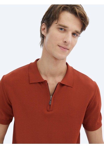 Kiremit Polo Yaka Düz Örgü Triko