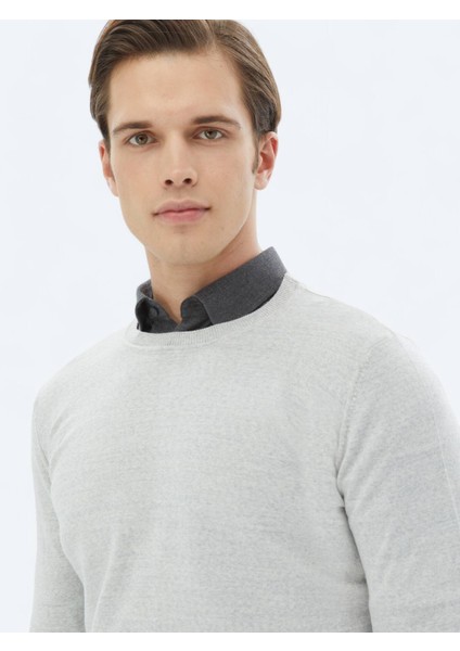 Açık Gri Bisiklet Yaka Düz Örgü Yün Karışımlı Triko Kazak
