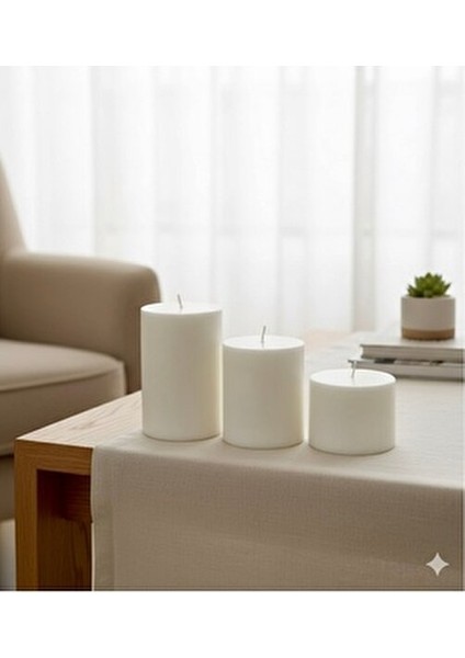 Beyaz Silindir Mum 3 Adet Vanilya Kokulu Çap 7 cm Boy 6 x 9 x 12 cm Özel Tasarım fırsatları