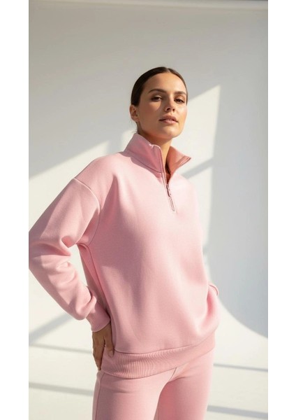 3 Iplik Şardonlu Yarım Fermuarlı Sweatshirt Somon