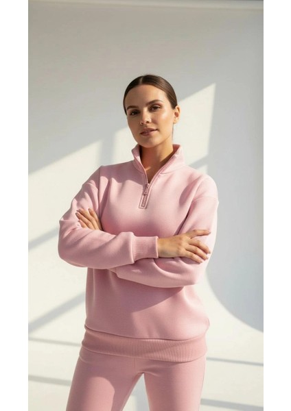 3 Iplik Şardonlu Yarım Fermuarlı Sweatshirt Somon modelleri