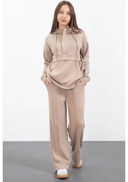 Bej Yarım Fermuarlı Kapüşonlu Kız Çocuk Geniş Paça Eşofman Takımı 23407