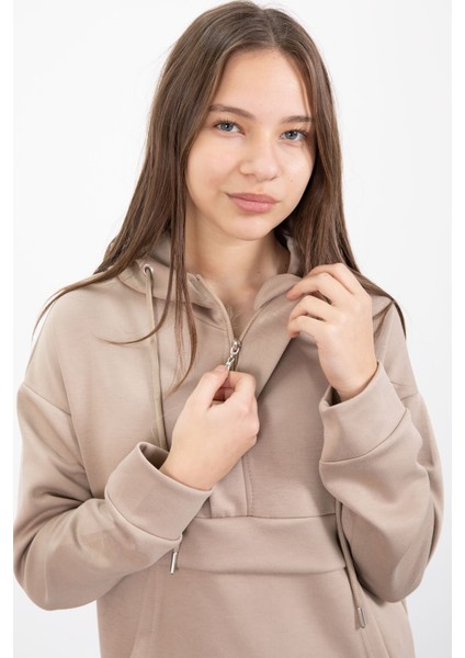 Bej Yarım Fermuarlı Kapüşonlu Kız Çocuk Geniş Paça Eşofman Takımı 23407 fiyatları
