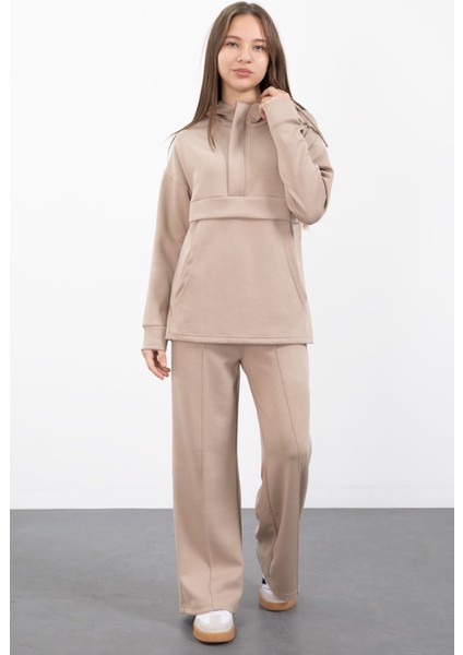 Bej Yarım Fermuarlı Kapüşonlu Kız Çocuk Geniş Paça Eşofman Takımı 23407 modelleri