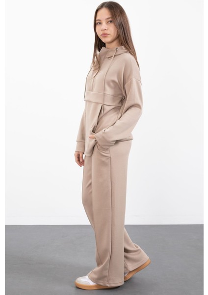 Bej Yarım Fermuarlı Kapüşonlu Kız Çocuk Geniş Paça Eşofman Takımı 23407 indirimleri