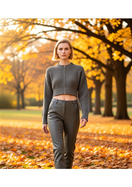 Kadın Fermuar Detaylı Bisiklet Yaka Crop Triko Hırka Fonksiyonel Dayanıklı Kaliteli Modern