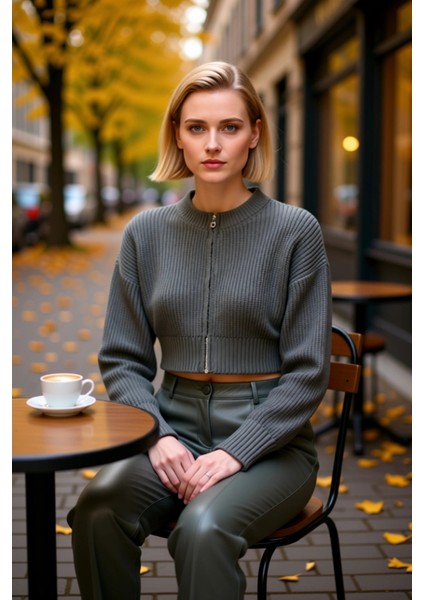 Kadın Fermuar Detaylı Bisiklet Yaka Crop Triko Hırka Fonksiyonel Dayanıklı Kaliteli Modern fiyatları