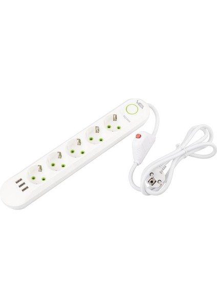 VA-21562 1.5 Metre Akım Korumalı Priz 5'li 3 USB'li Beyaz Renkli Güç Anahtarı ile