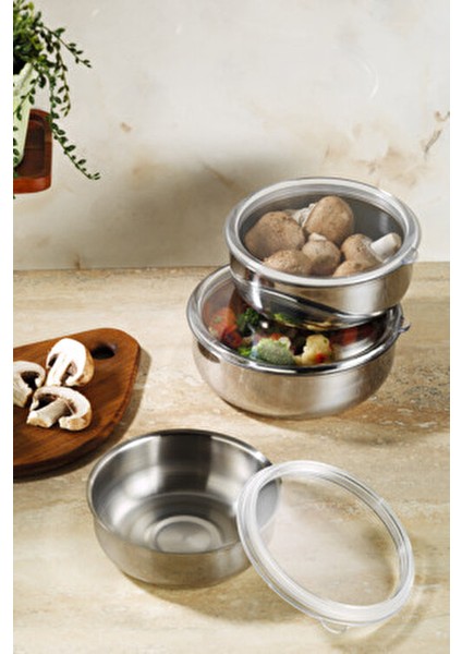 3’lü Çelik Saklama Kabı 6 Parça Vakumlu Kapak ile Uzun Süreli Taze Saklama