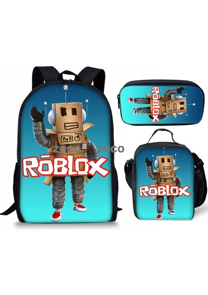 3D Yeni Roblox Öğrenci Okul Çantası Öğle Yemeği Çantası Kalem Çantası Omuz Çantası Üç Parçalı Set (Yurt Dışından)