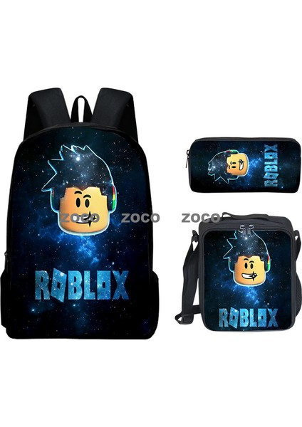 3D Yeni Roblox Öğrenci Okul Çantası Öğle Yemeği Çantası Kalem Çantası Omuz Çantası Üç Parçalı Set (Yurt Dışından)