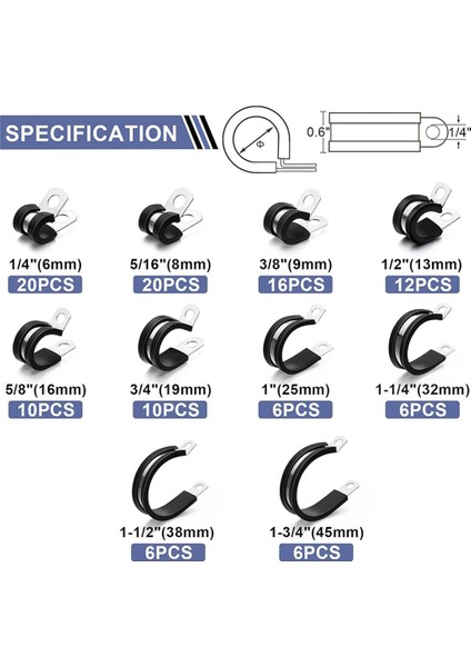 Kablo KELEPÇELERI-112 Pcs 10 Boyutlar- Paslanmaz Çelik Boru Kelepçesi Çiftlik Kiti Kauçuk Yastık Yalıtımlı Tel Kelepçeler (Yurt Dışından) fiyatları
