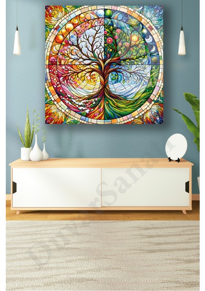 Rengarenk Hayat Ağacı Kare Cam Tablo, Modern Ev Salon Ofis Dekorasyonu Büyük Duvar Dekoru