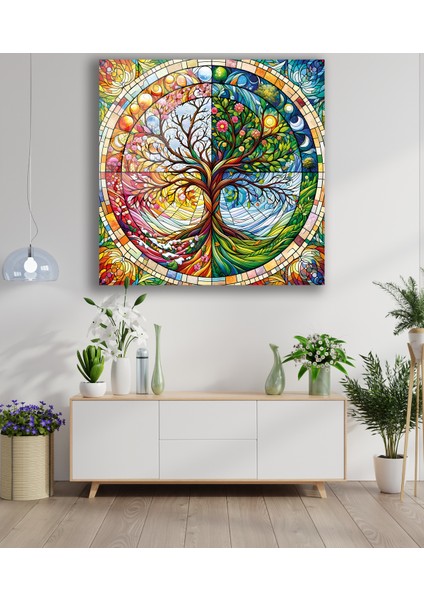 Rengarenk Hayat Ağacı Kare Cam Tablo, Modern Ev Salon Ofis Dekorasyonu Büyük Duvar Dekoru fiyatları