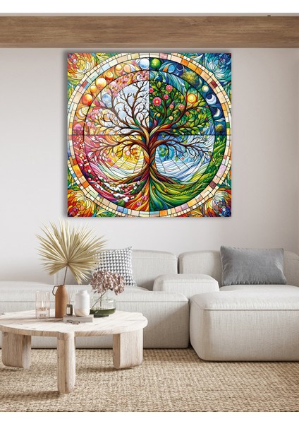 Rengarenk Hayat Ağacı Kare Cam Tablo, Modern Ev Salon Ofis Dekorasyonu Büyük Duvar Dekoru fırsatları