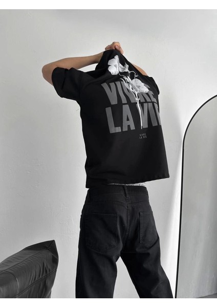 Baskılı Oversize Bisiklet Yaka T-Shirt - Siyah