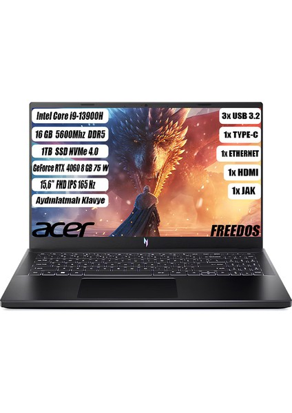 Nitro ANV15-51 I9-13900H 16 GB 1TB SSD RTX 4060-8GB 15.6" FHD IPS 165 Hz FREEDOS NH.QQEEY.007