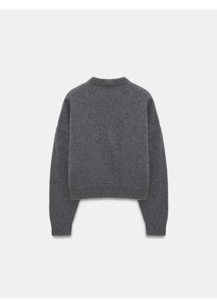 60999 Yün Karışımlı Cep Detaylı Triko Hırka-Füme