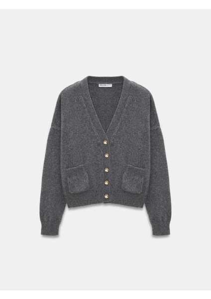 60999 Yün Karışımlı Cep Detaylı Triko Hırka-Füme