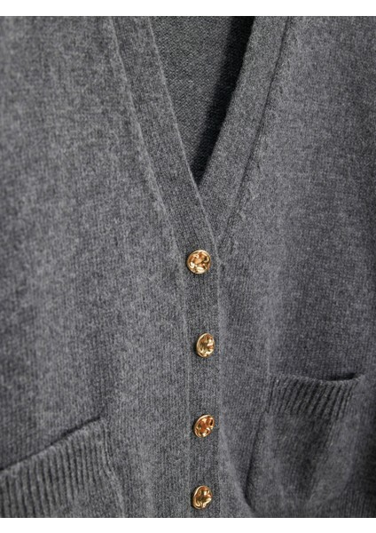 60999 Yün Karışımlı Cep Detaylı Triko Hırka-Füme