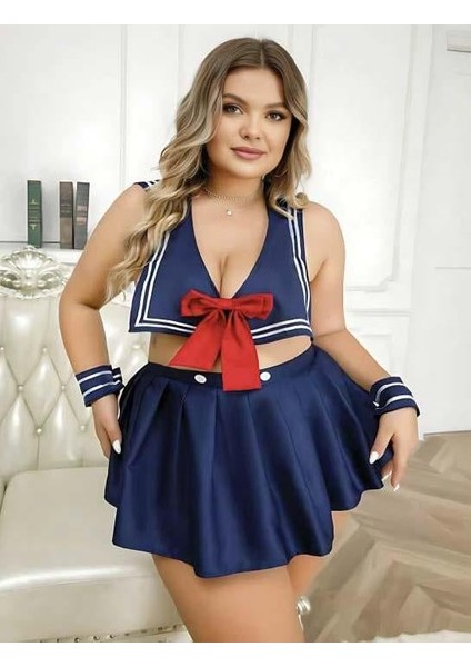 Büyük Beden Lacivert Büstiyerli Kurdela Detaylı Mini Etekli Fantezi Denizci Kostümü