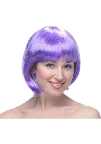 Lila Renk Kısa Model Parti Peruğu - Lila Renk Küt Saç modelleri