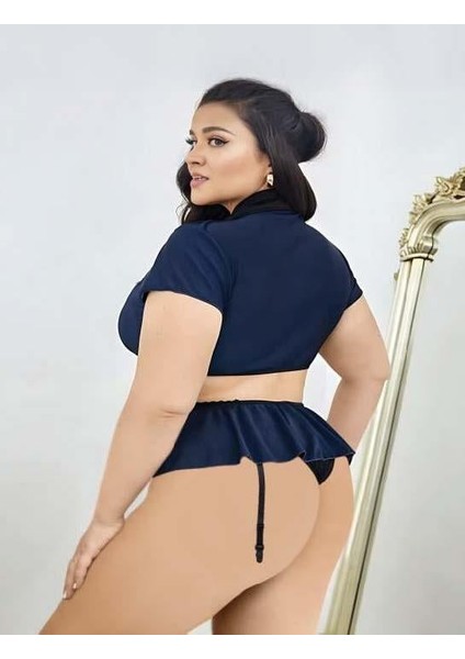 Büyük Beden Lacivert Göğüs Detay Büstiyerli Kravatlı Mini Etekli Fantezi Polis Kostümü fiyatları